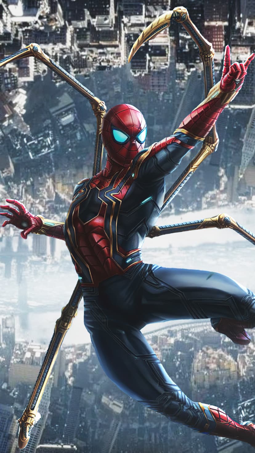 Spider-Man in a red and gold Iron Spider suit with mechanical arms leaps above a dense metropolitan skyline.