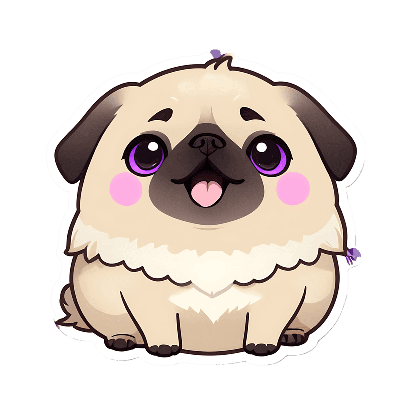 Beige pug puppy chibi sticker with purple eyes, brown ears, and a pink tongue sitting in a front view.