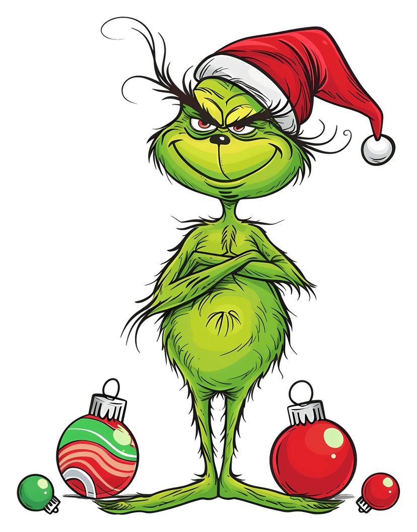 Grinch character wearing red Santa hat and festive Christmas clothes stands against a transparent background.