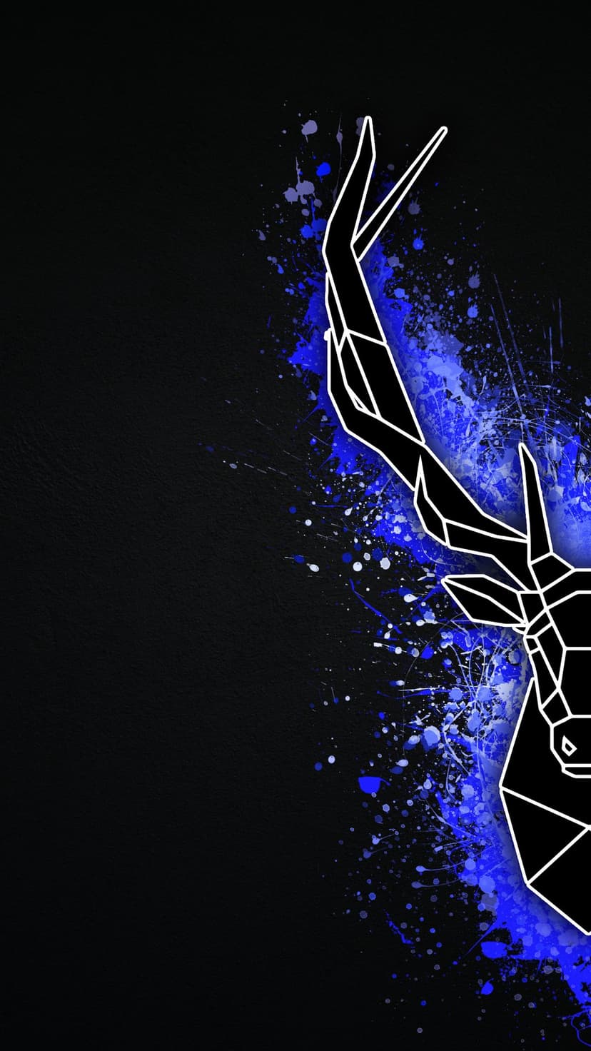 White geometric stag head with vibrant blue paint splatters and abstract shapes on a textured black background.