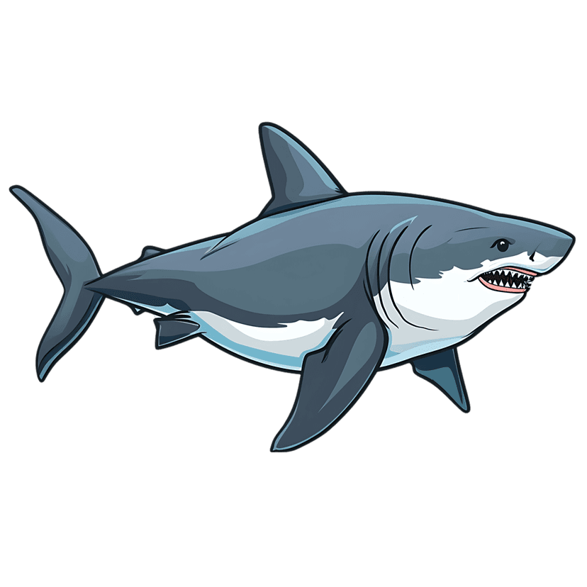 Great White Shark illustration with open jaws showing sharp teeth and a grey streamlined body in profile view.
