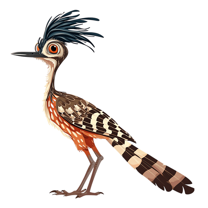 Roadrunner bird illustration features a crested head, orange eyes, and a long black and white striped tail.