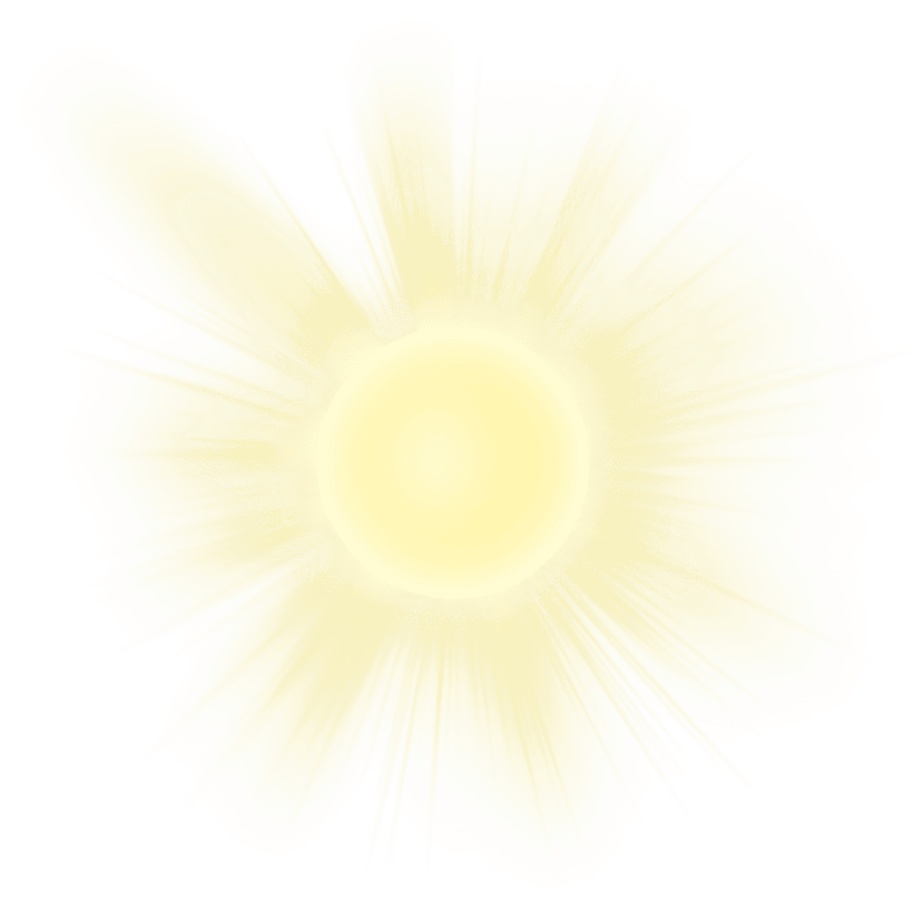 Yellow sun icon with radiant glowing rays and a circular center against a transparent background for UI design.
