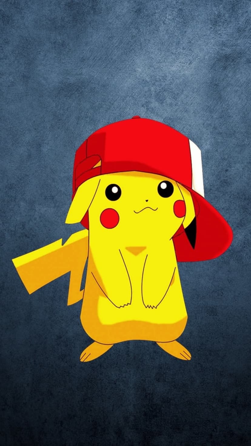 Pikachu wearing a red backward baseball cap stands against a dark blue background with his lightning tail visible.