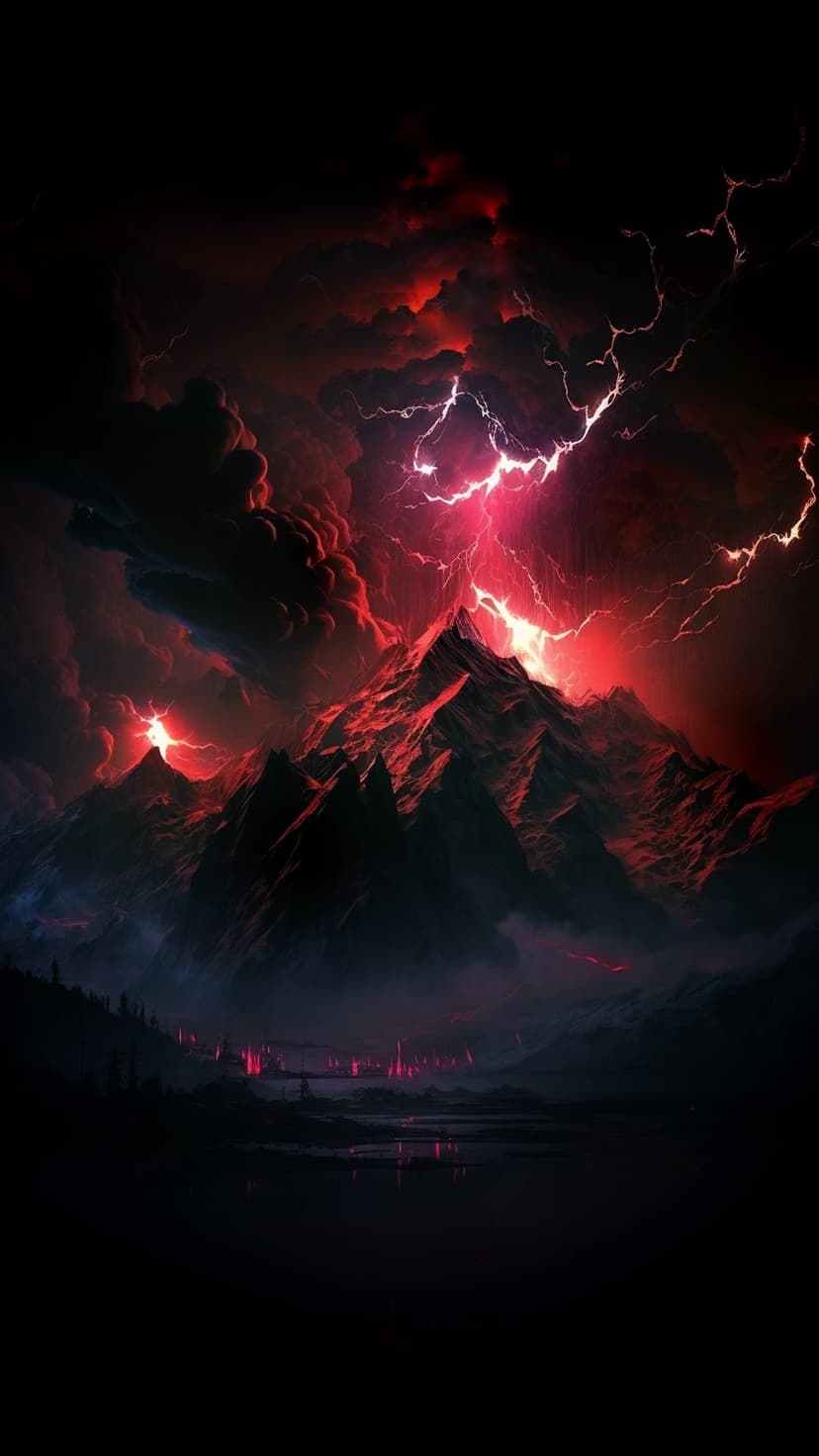 Red lightning bolts strike over jagged mountain peaks and a glowing city reflected in a dark lake at night.