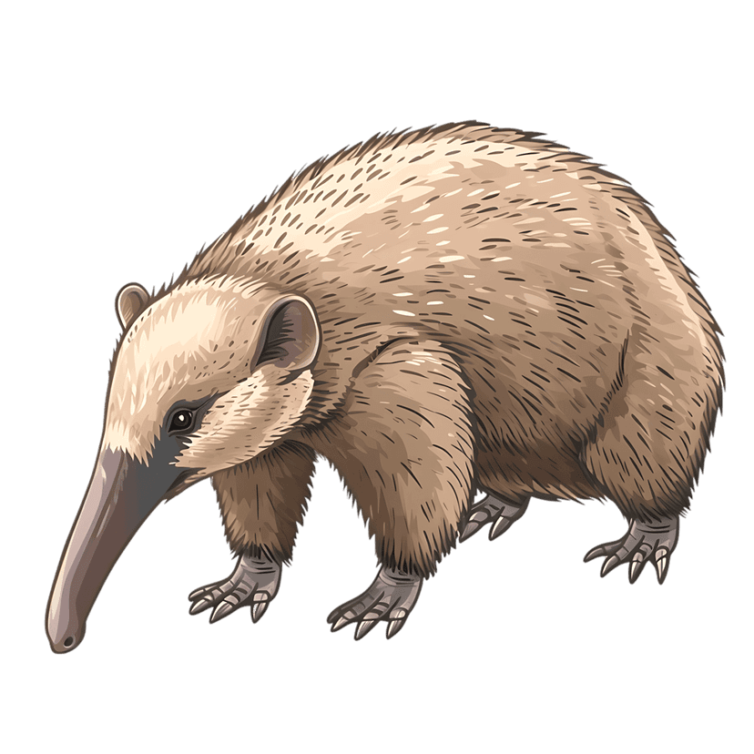 Giant anteater profile illustration showing realistic shaggy fur and long snout against a solid black background.