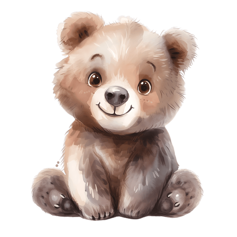 Watercolor teddy bear illustration sitting upright with textured brown fur and large expressive dark eyes.