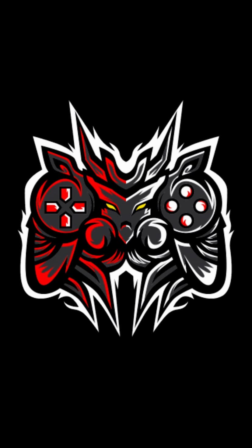 Stylized red and black predator head with pointed ears framed by gaming controllers on a dark background.