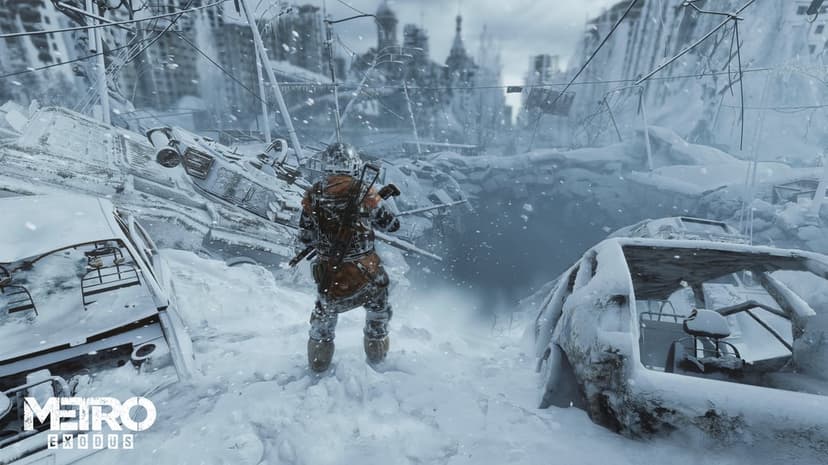 Survivor in winter gear standing near a snowy crater in a ruined city with falling snow and rusted car frames.