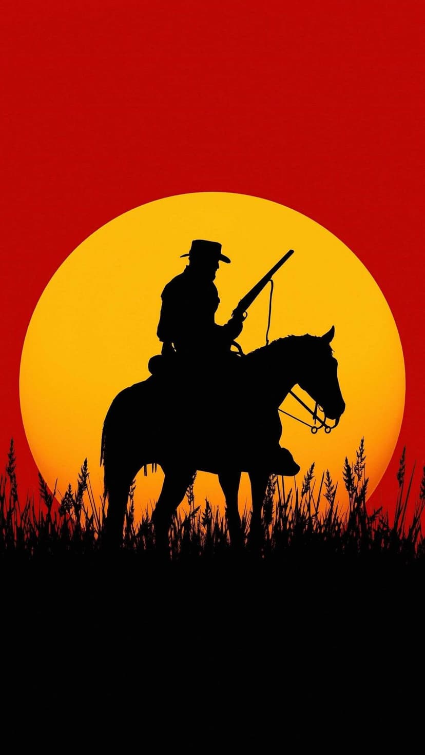 Silhouette of a cowboy on a horse holding a rifle against a giant yellow sun and bold red sky with tall grass.