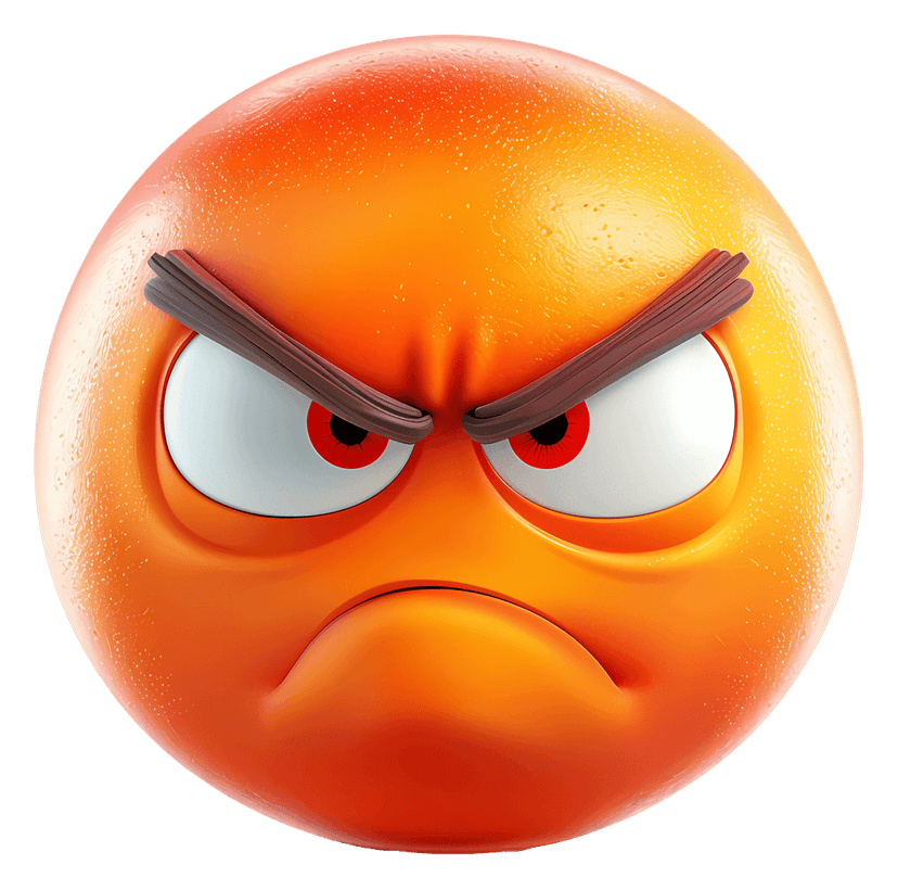 Frowning orange emoji character with a matte 3d texture and furrowed eyebrows on a transparent background.