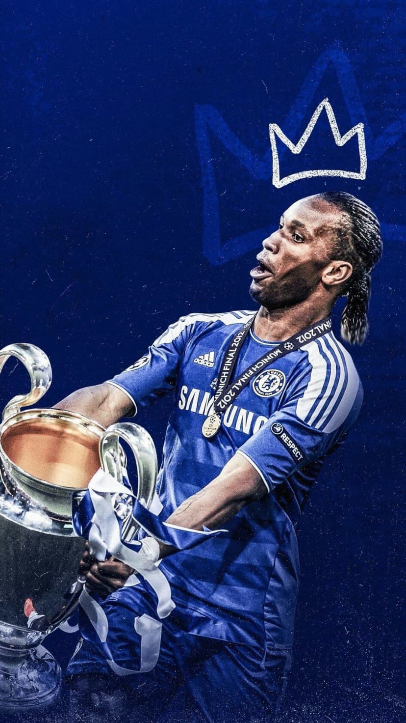 Didier Drogba wearing a Chelsea kit lifts the silver Champions League trophy before a stylized crown.