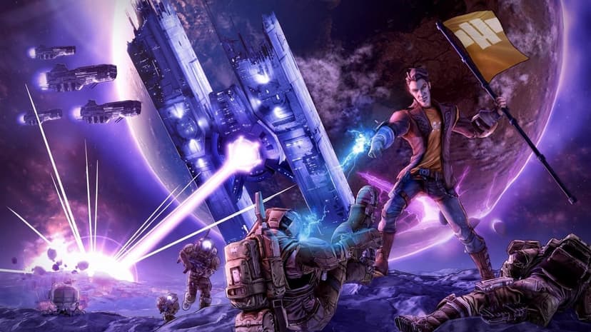 Handsome Jack holds a flag amidst a space battle with a giant laser-firing space station in the background.