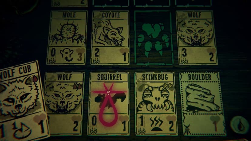 Tabletop view of Inscryption cards like Wolf and Coyote with dark, gritty textures and a glowing sigil.