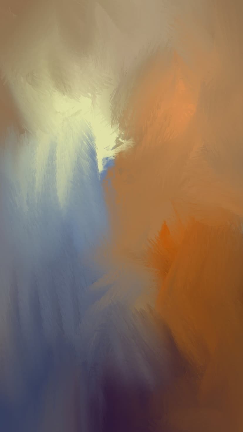 Vertical orange and blue paint strokes sweep toward a bright yellow center with thick textured layers.
