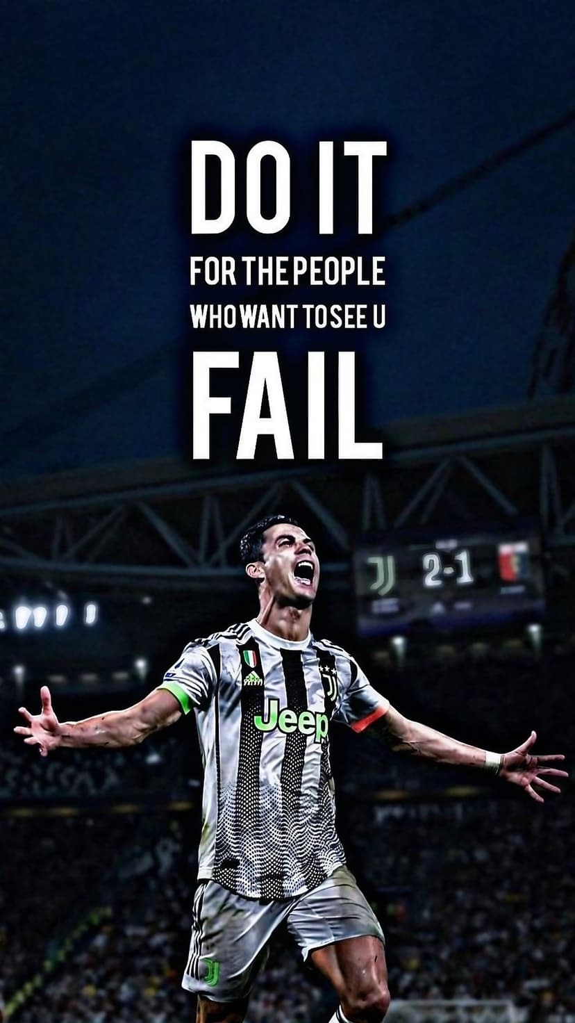 Cristiano Ronaldo in a Juventus jersey stares forward behind a bold motivational quote about overcoming failure.