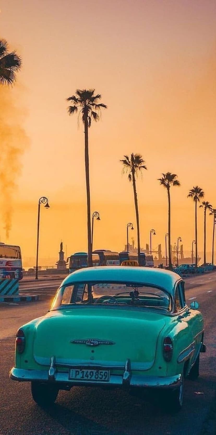Teal vintage car parked on a tropical street lined with palm tree silhouettes against a bright orange sunset.