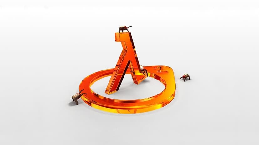 Translucent orange glass Half-Life lambda logo with headcrabs on a white studio background with soft shadows.