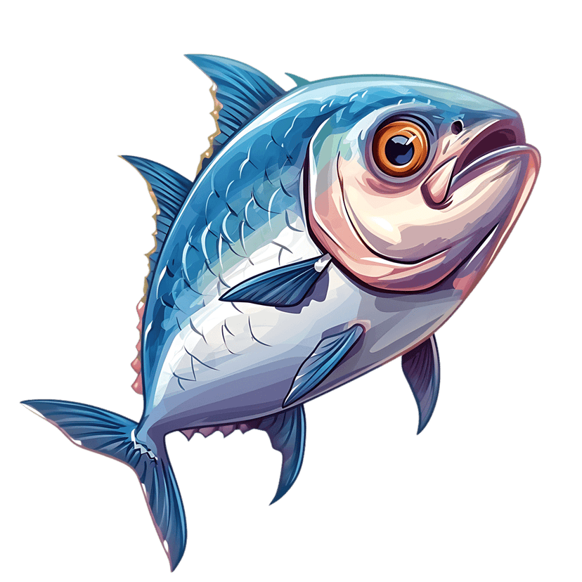 Blue tuna fish swimming sideways displays iridescent scales and bright orange eyes against a dark background.