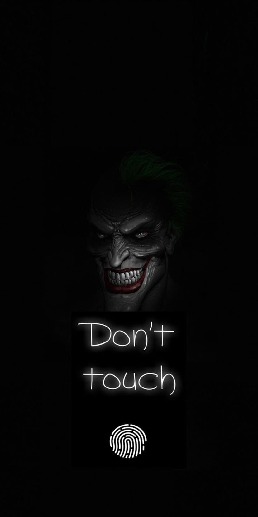 Joker's sinister face looms behind a glowing fingerprint icon and bold Don't Touch text on a dark background.