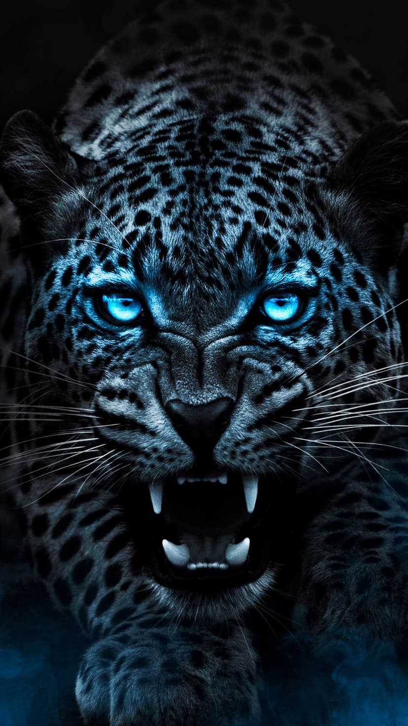 Snarling black leopard with bioluminescent blue eyes and exposed fangs against a dark, shadowy background.