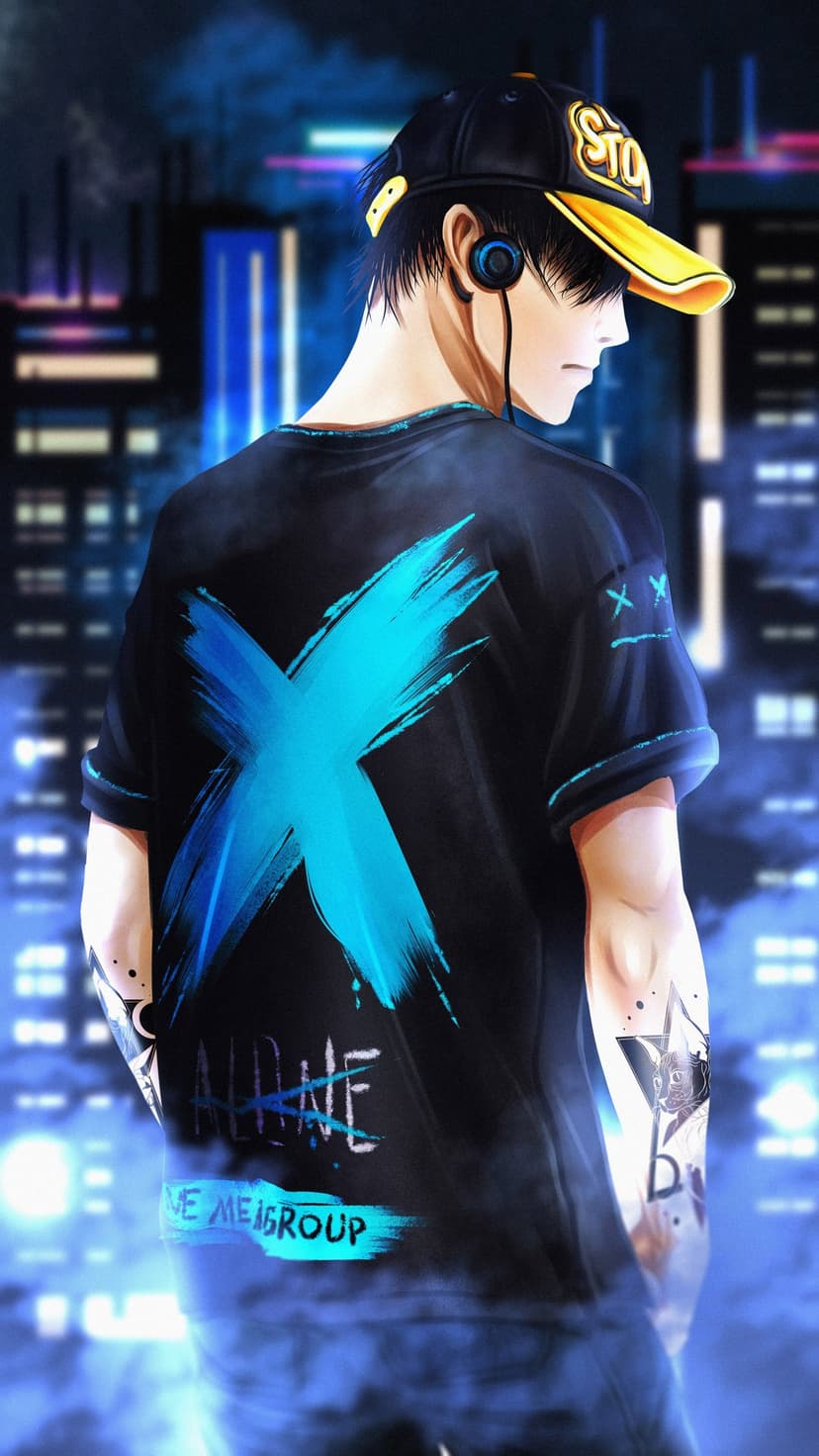 Young man with headphones and a baseball cap overlooks a glowing neon city night scene from a back view.