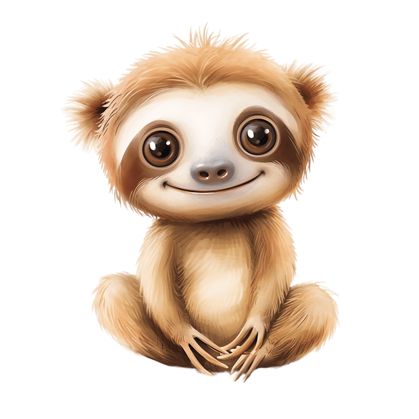 Baby sloth sitting illustration features brown painterly textures and large dark eyes on a transparent background.