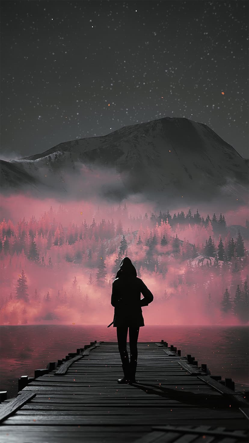 Hooded person standing on a weathered wooden pier over red water toward distant mountains under a starry night sky.