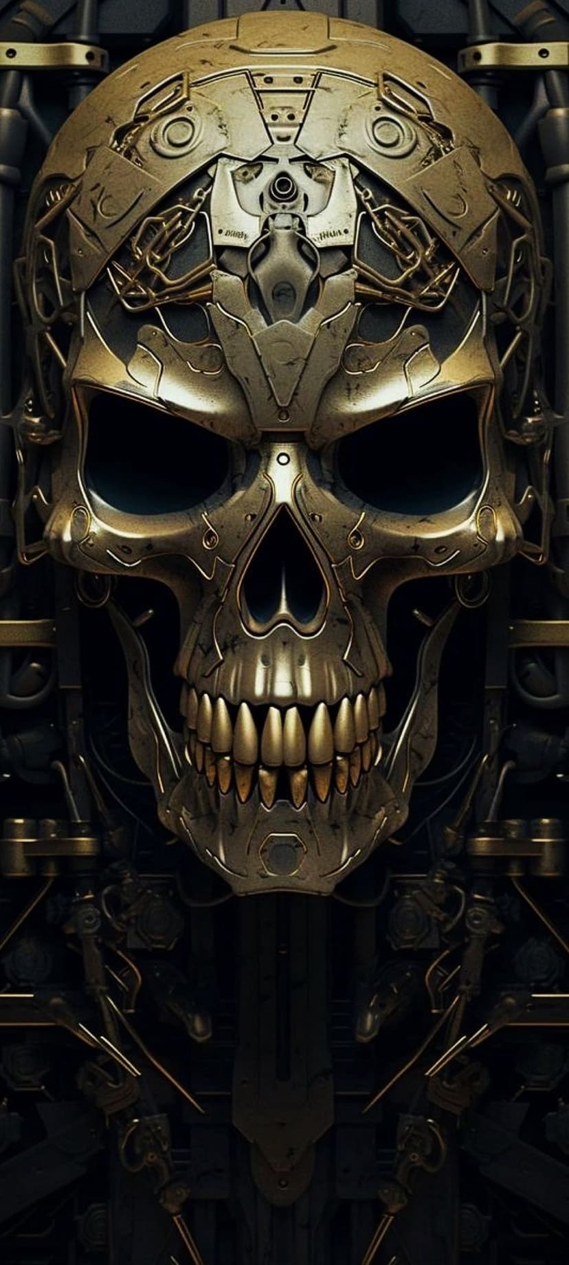 Golden skull adorned with intricate brass gears, heavy metal chains, and mechanical pistons in a dark setting.