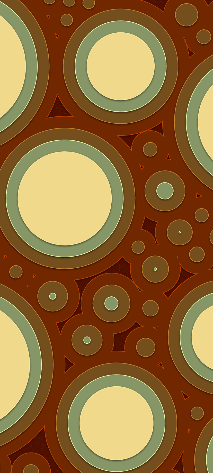 Concentric circles in olive green and mustard yellow form a layered geometric pattern with a retro aesthetic.