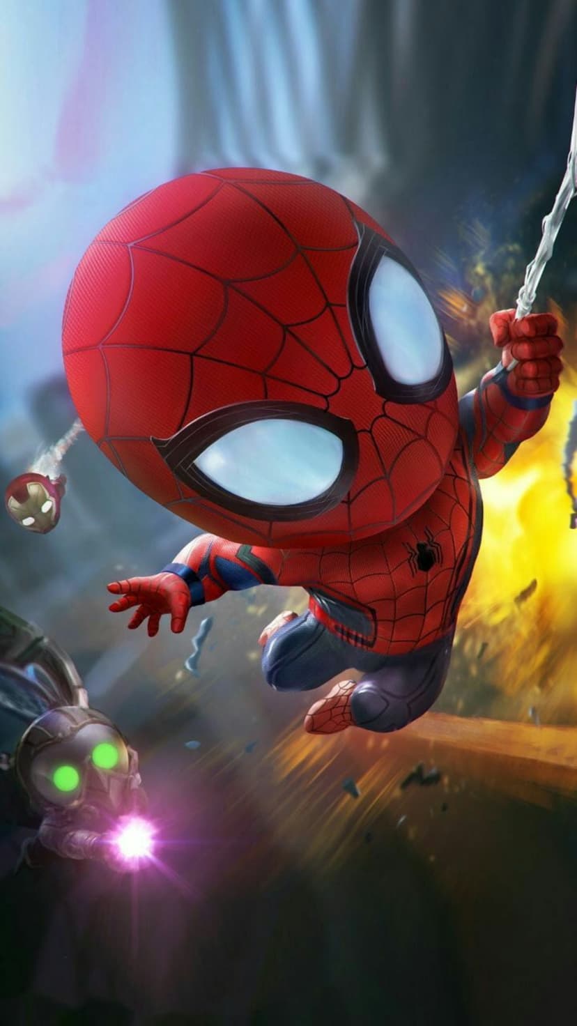 Chibi Spider-Man swings on a web while dodging a purple energy blast and flying debris from an explosion.