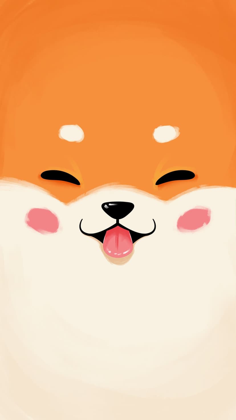 Shiba Inu puppy face with closed eyes, pink blushing cheeks, and a tongue sticking out on a light background.