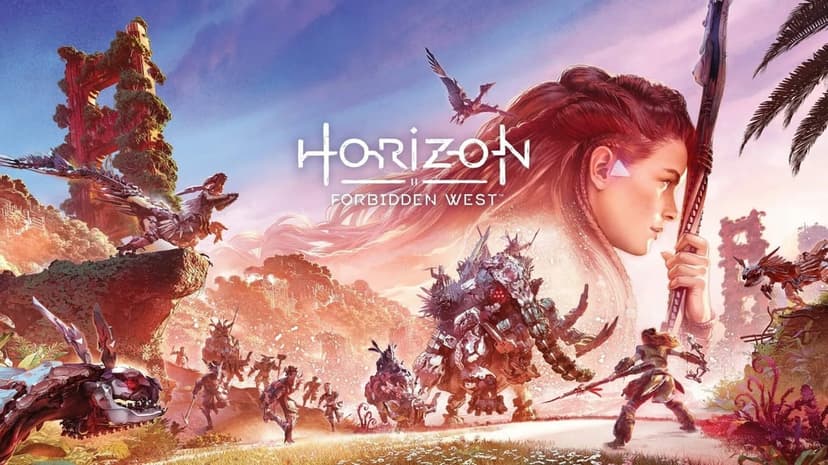 Aloy stands ready for battle against a giant Tremortusk machine with the ruins of San Francisco in the background.