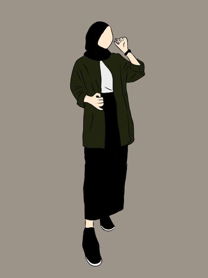 Muslim woman wearing a green jacket, black hijab, and white sneakers stands against a minimalist gray background.