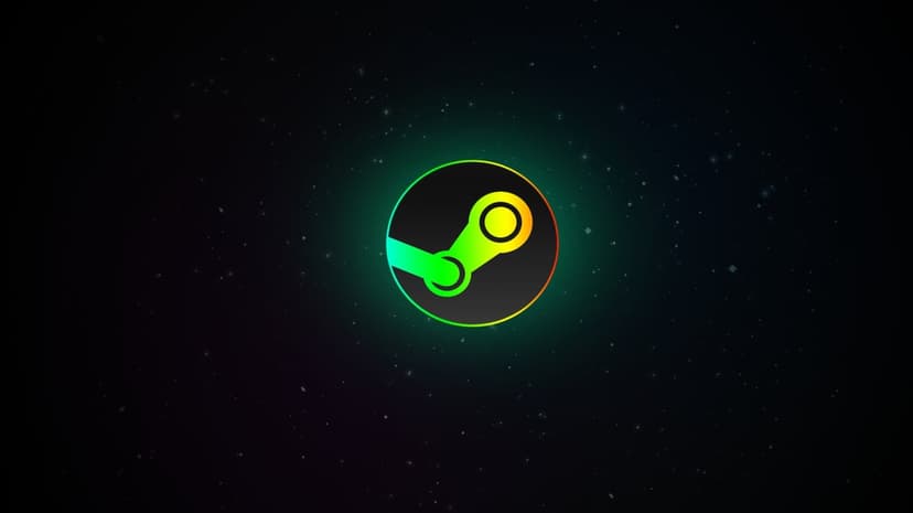 Stylized Steam logo with green and yellow neon gradient glowing on a dark space background with stars.