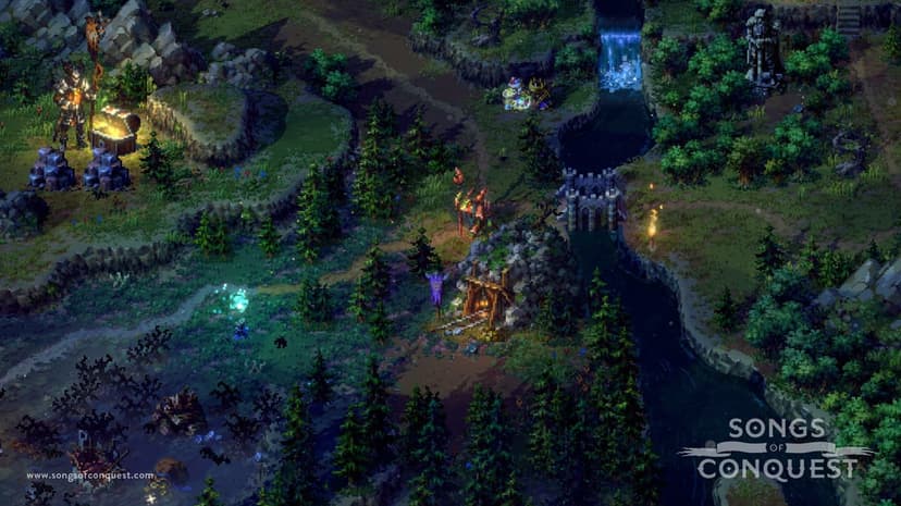 Isometric pixel art fantasy world featuring a knight, treasure chest, waterfall, and lush pine forest at night.