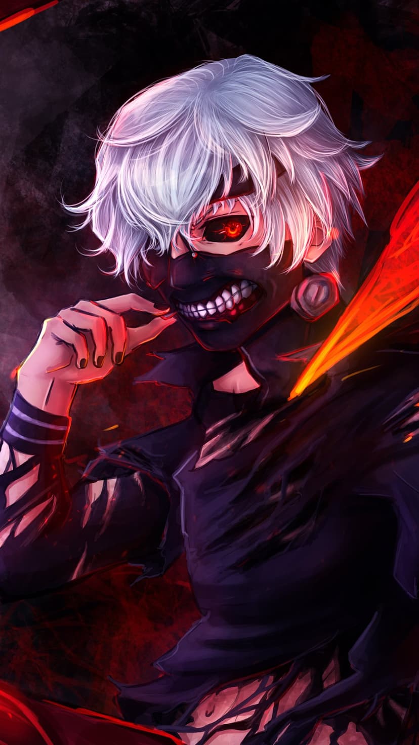 Kaneki Ken wearing a leather ghoul mask with one glowing red eye and white hair surrounded by red kagune tendrils.