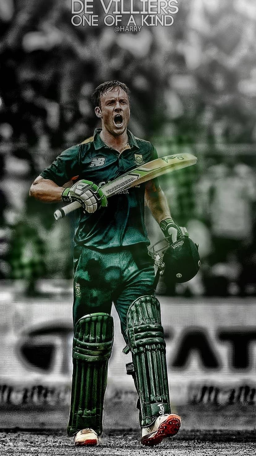 AB de Villiers shouting in a green cricket uniform while holding a bat and helmet in a greyscale stadium.