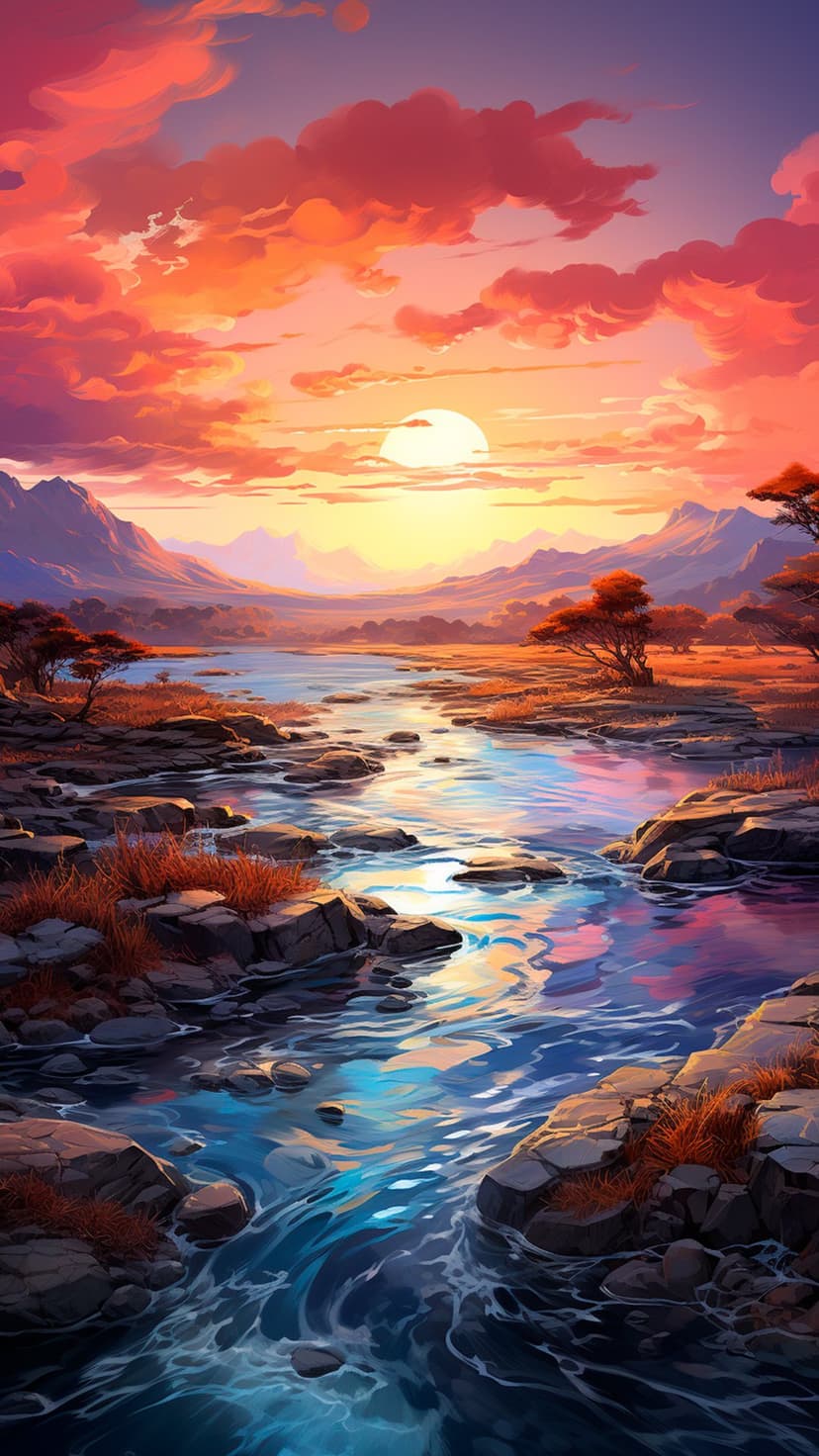 Winding river flows through a rocky savanna landscape under a vibrant orange and red sunset with silhouetted trees.