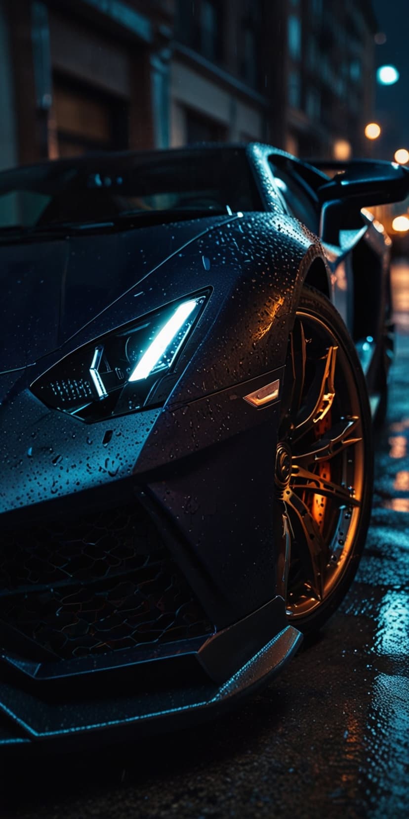 Lamborghini headlight and bronze wheel glow on a wet night street with scattered water droplets and reflections.