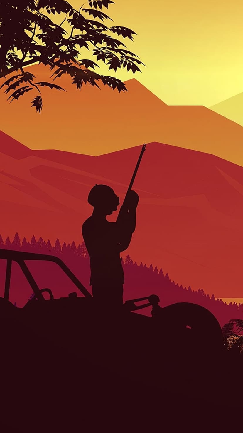 Soldier holding a rifle stands atop a vehicle against a red mountain sunset with a gnarled tree branch above.
