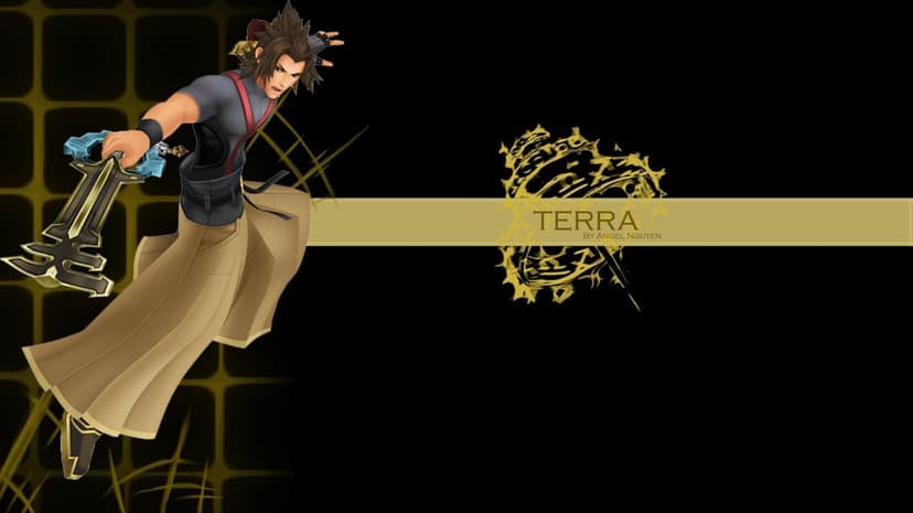 Terra from Kingdom Hearts lunges with his Earthshaker Keyblade against a black and gold grid background.