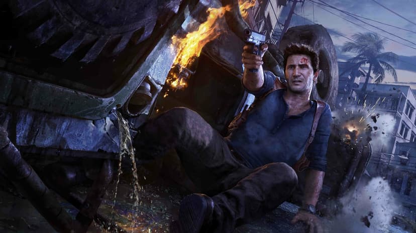 Nathan Drake crawls from a burning jeep while aiming a pistol in a cinematic tropical city action scene.