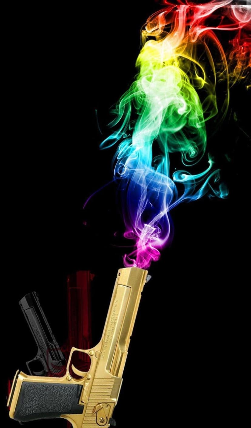 Golden pistol firing colorful rainbow smoke plumes against a black background with a second handgun in shadow.