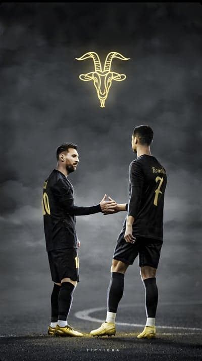 Messi and Ronaldo handshake with GOAT symbol