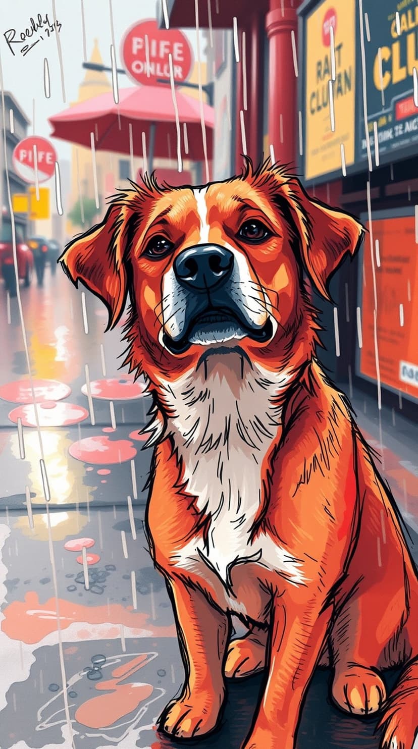 Ginger and white dog with soulful eyes sits on a wet asphalt street reflecting city lights during a rainstorm.