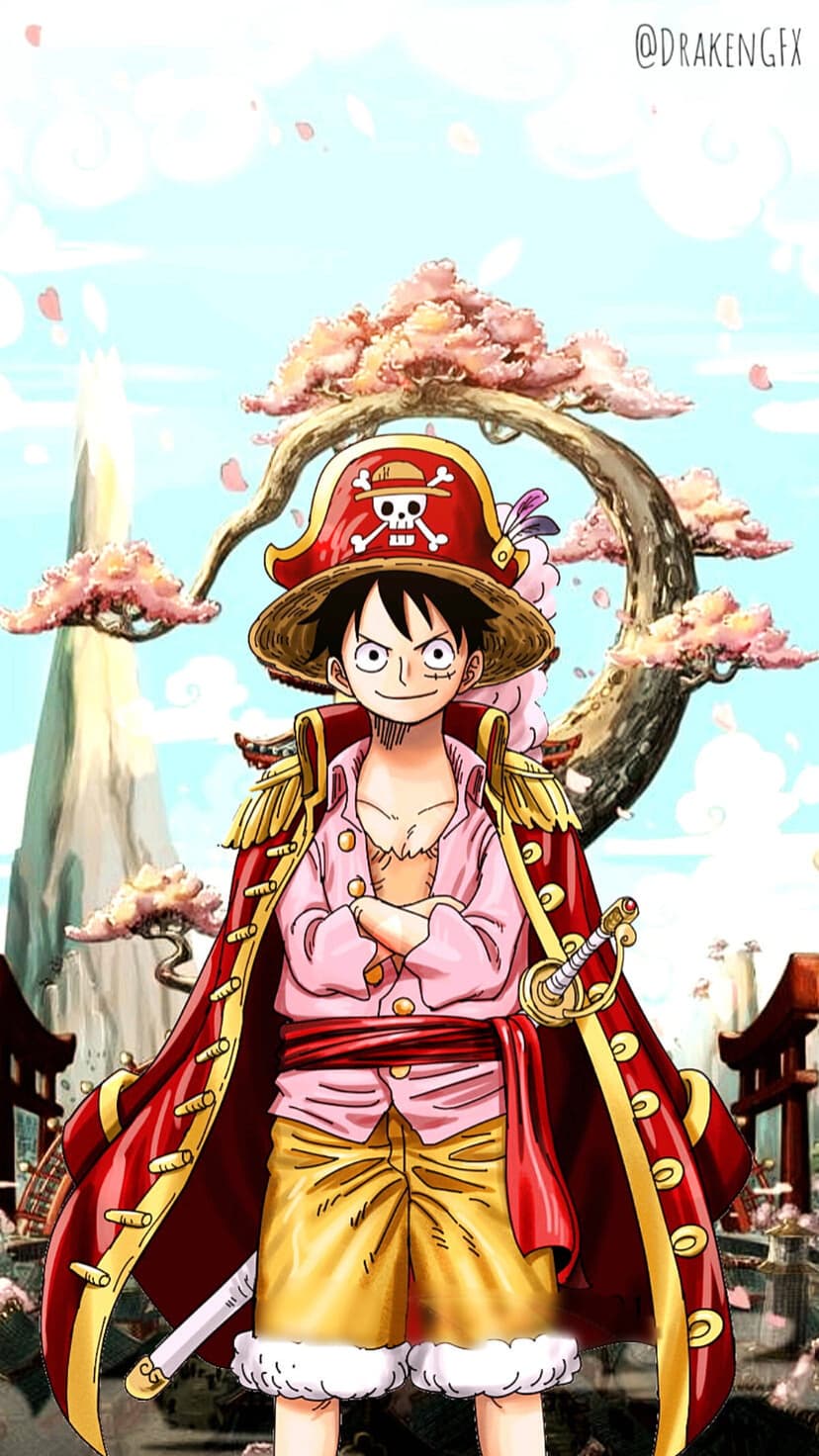 Monkey D. Luffy crosses his arms in a red coat and pirate hat under pink cherry blossoms near a torii gate.