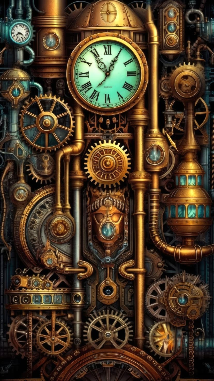 Roman numeral clock surrounded by brass gears, copper pipes, and glowing blue mechanical parts in close-up.