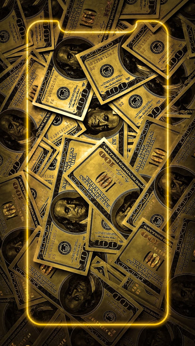 Pile of golden hundred dollar bills bordered by a glowing yellow neon line in a vertical composition.
