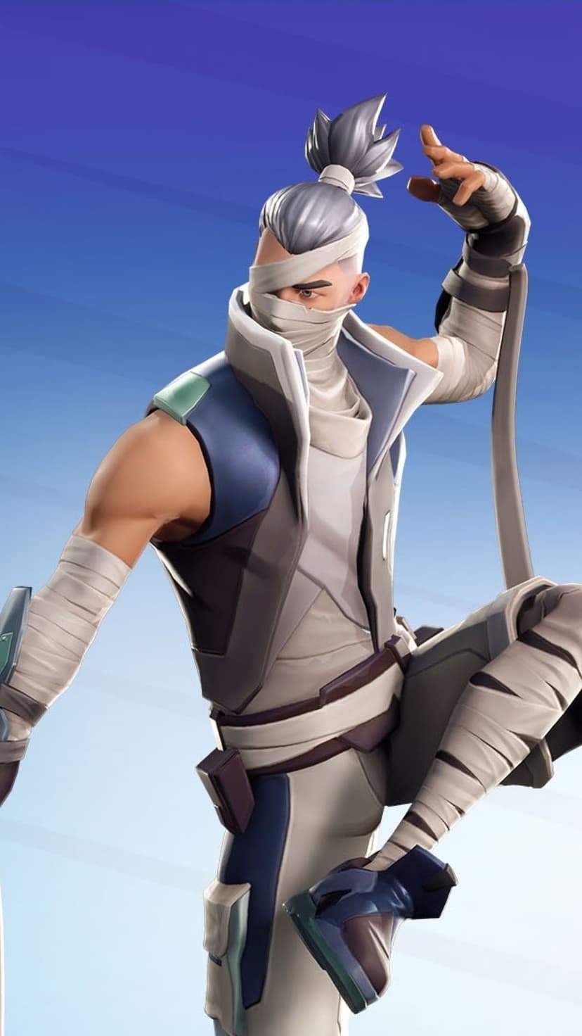 Bandaged warrior in a blue and white outfit holds a weapon while posing mid-leap against a bright background.